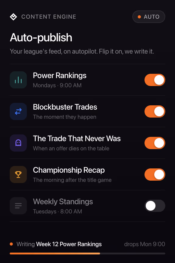 Leaguebase auto-publish card: toggle on power rankings, trades and recaps.