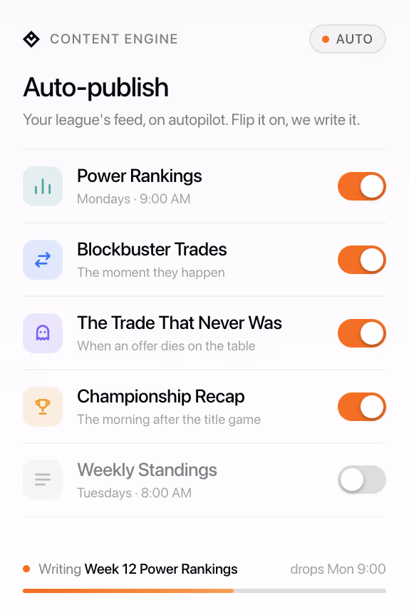 Leaguebase auto-publish card: toggle on power rankings, trades and recaps.