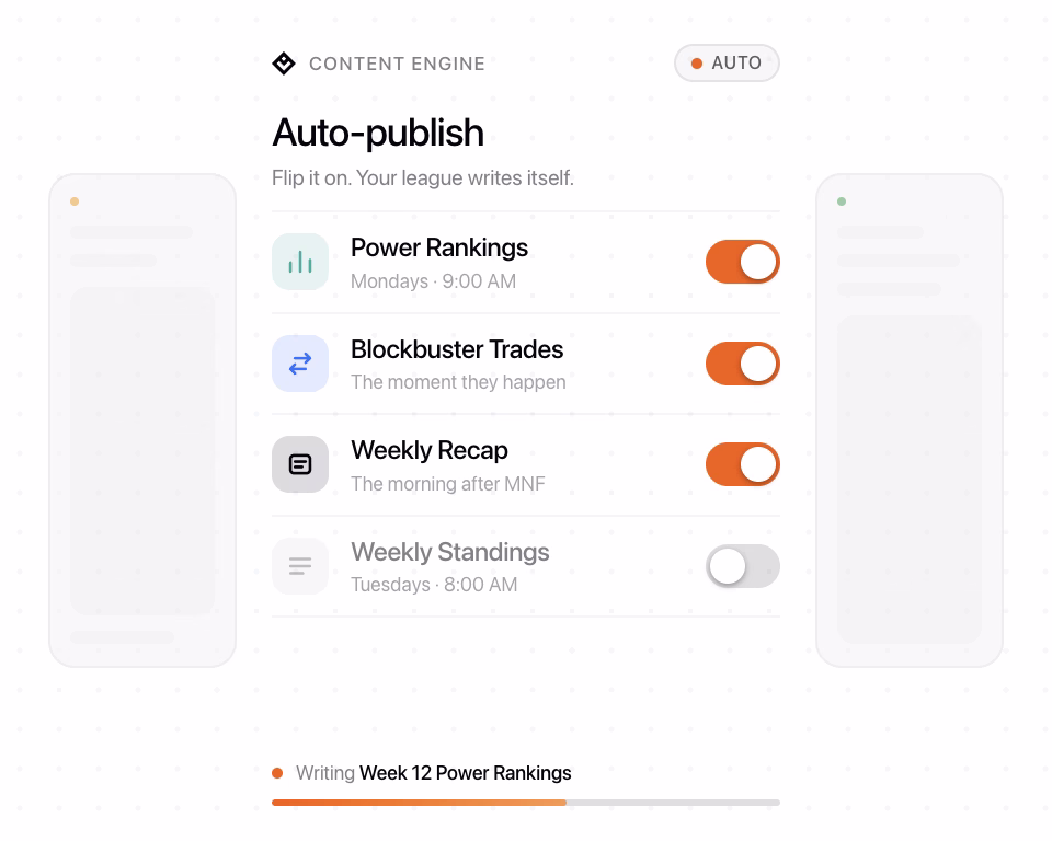 Leaguebase auto-publish card: toggle on power rankings, trades and recaps.