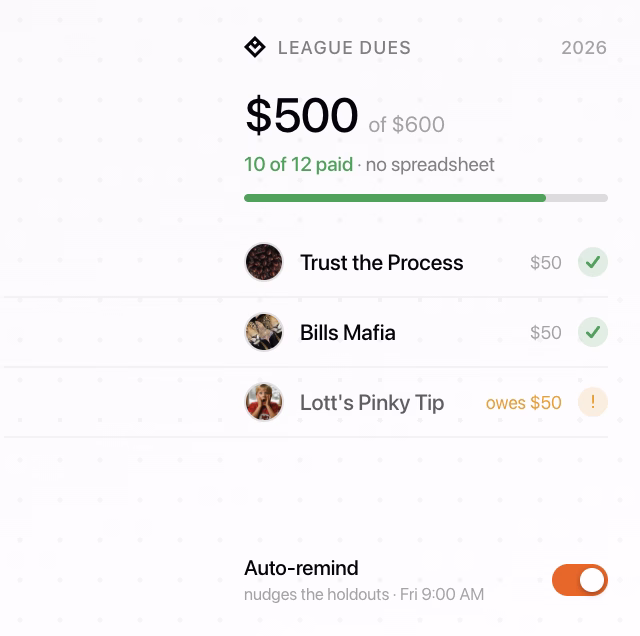 Leaguebase dues tracker: 10 of 12 paid, auto-remind on.